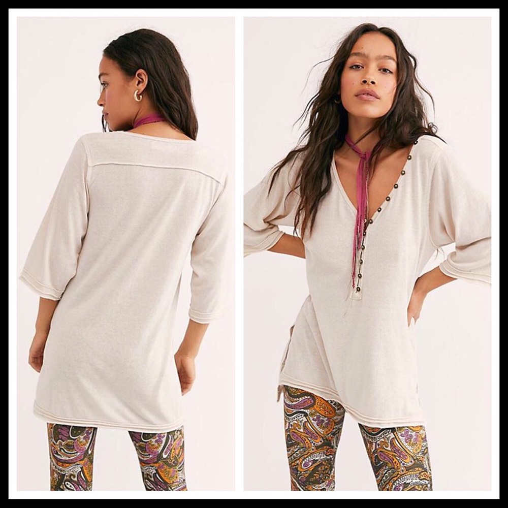 FREE PEOPLE BOHO TUNIC HENLEY TEE TOP A2C - Picture 3 of 16